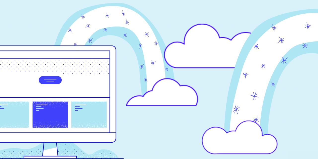 Illustration with a computer and two blue rainbows