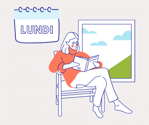 Dessin avec une femme lisant un livre qui illustre le premier jour du défi pour décrocher du numérique