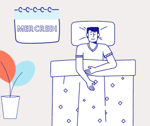 Dessin d'une homme couché dans un lit qui illustre le troisième jour du défi pour décrocher du numérique