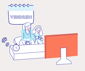 Dessin représentant deux femmes qui jouent à un jeu sur une télévision qui illustre le cinquième jour du défi pour décrocher du numérique