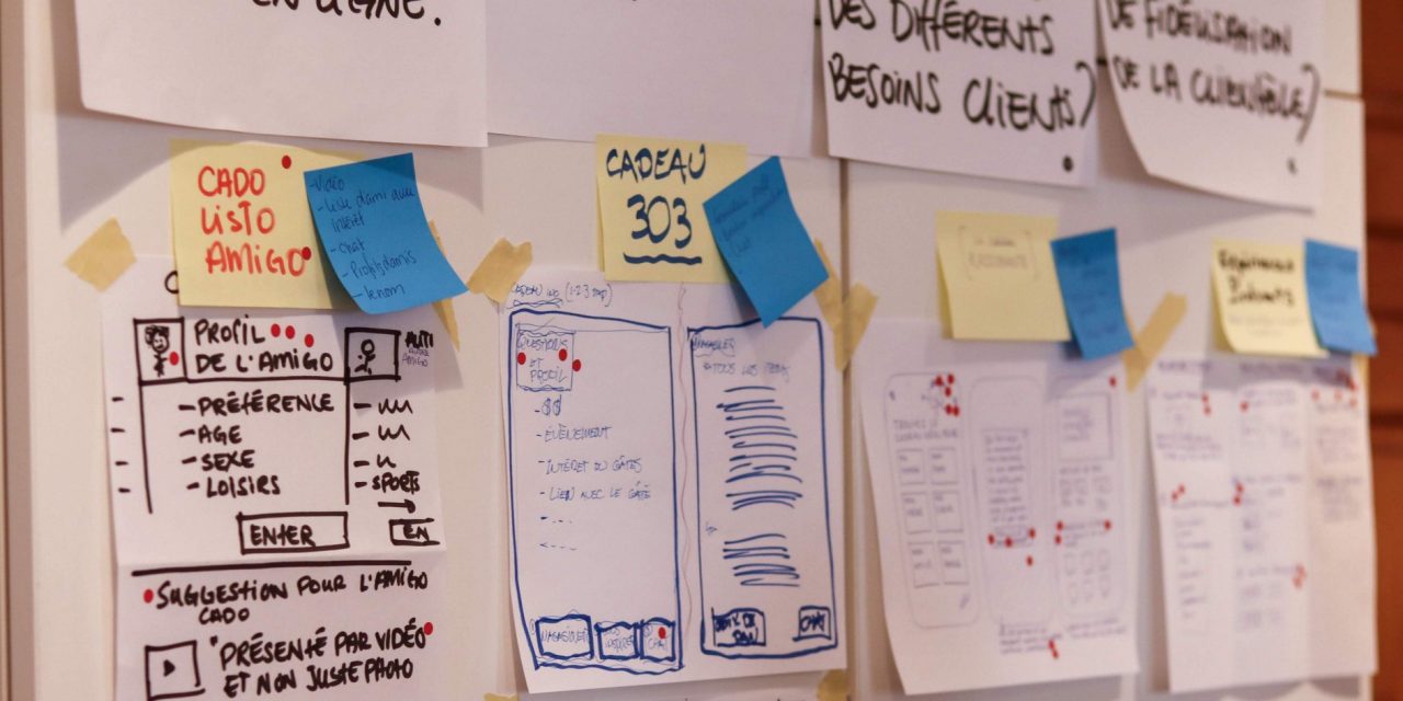 Photographie de plusieurs sketchs mis sur des papiers lors d'un design sprint