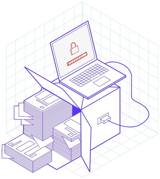 Illustration avec des dossiers rangés dans une boîte sur laquelle se trouve un ordinateur pour illustrer la fintech