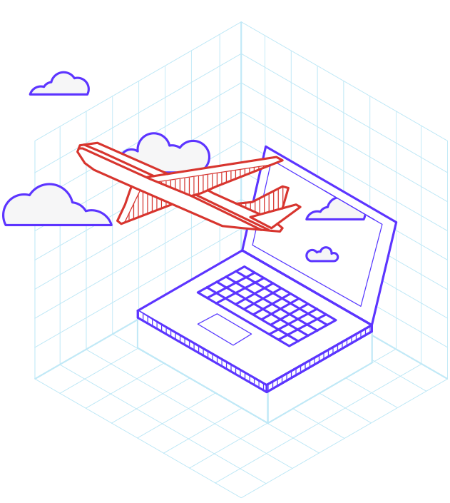 Illustration avec un avion sortant d'un ordinateur portable