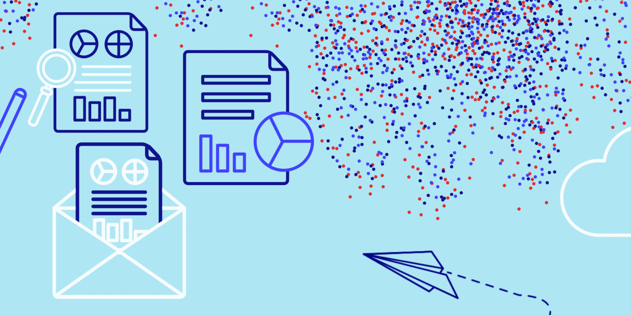 Illustration avec des rapports, des enveloppes et un avion en papier