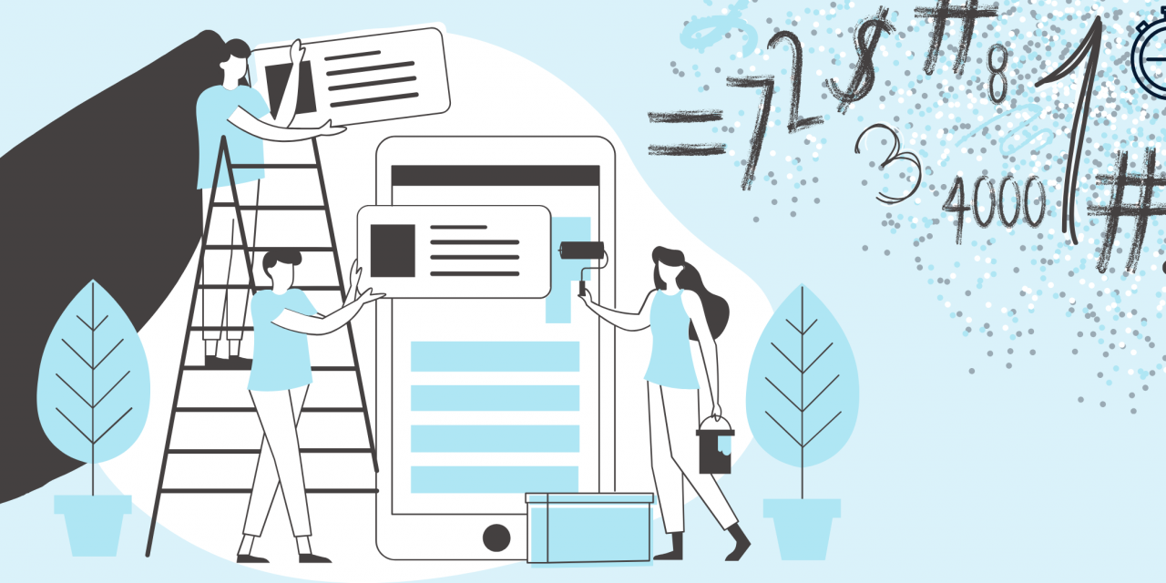 Illustration avec trois personnes devant une tablette intelligente avec des chiffres autour d'eux