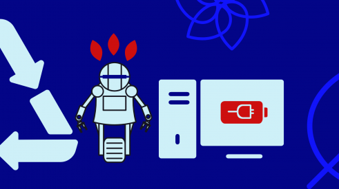 Illustration avec le symbole du recyclage, un ordinateur, un robot et des feuilles d'arbre