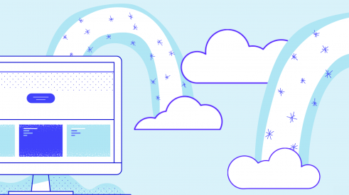 Illustration avec un ordinateur et deux arc-en-ciels bleus