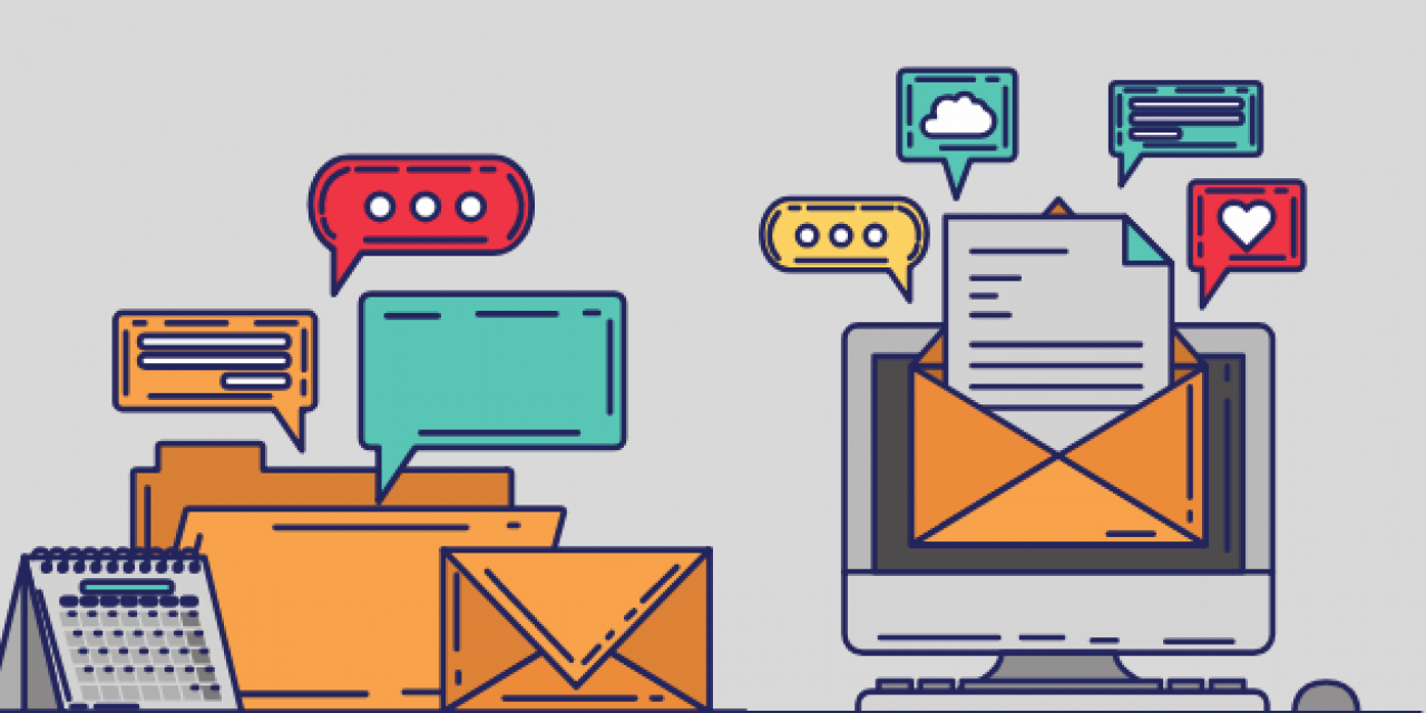 Illustration avec un ordinateur, des email et des dossiers