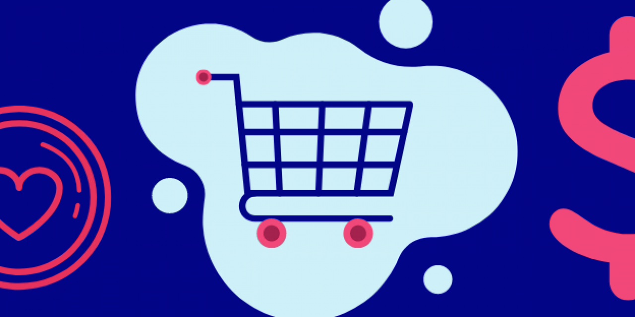 Illustration avec un panier d'achat, une loupe et le symbole de l'argent