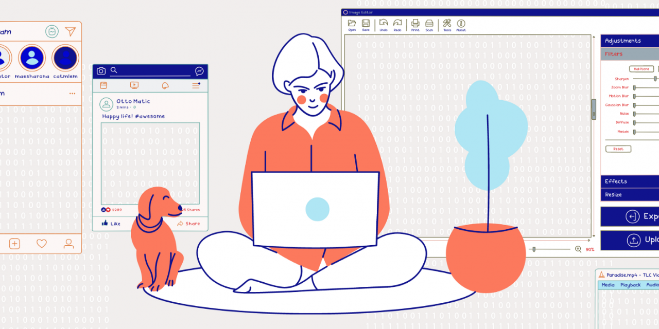 Dessin d'une femme devant un ordinateur avec différentes interfaces sur les côtés qui semble avoir besoin de décrocher du numérique