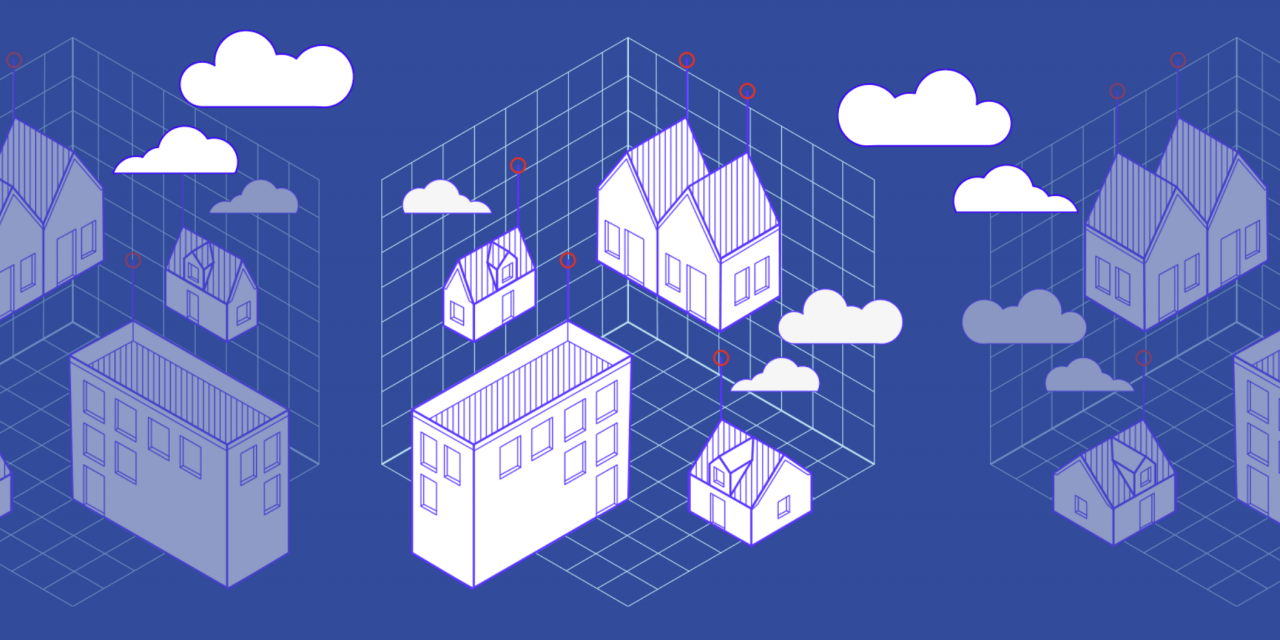 Dessin avec des immeubles intelligents et des technologies immobilières