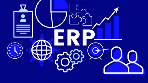 Bannière avec le mot ERP et des symboles d'affaires