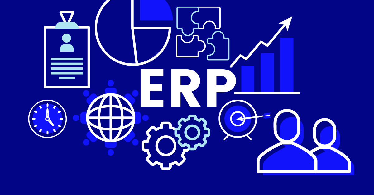 Bannière avec le mot ERP et des symboles d'affaires