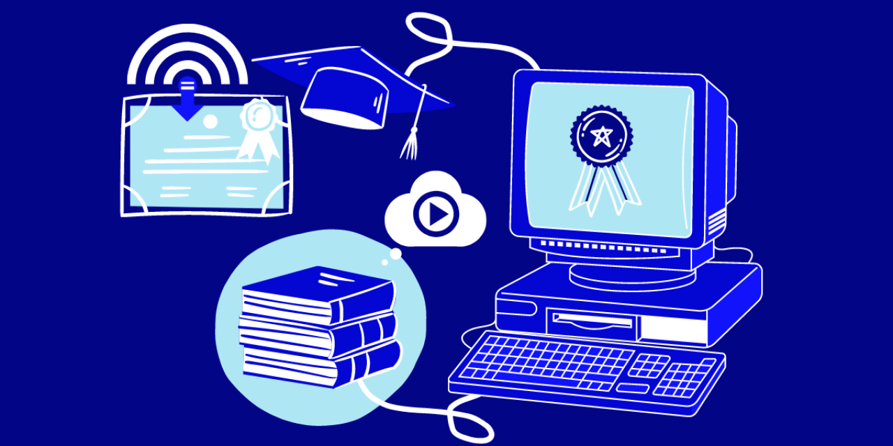 Image d'un ordinateur connecté avec des livres audio et un diplôme à télécharger en ligne