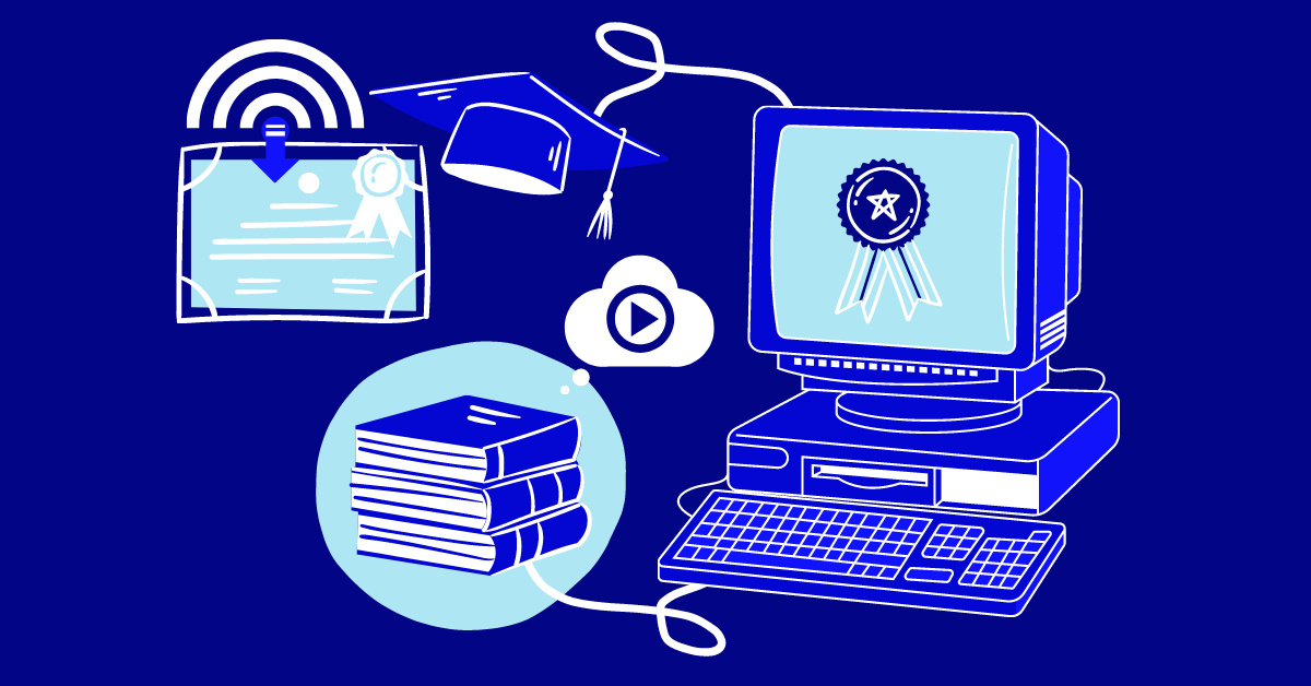 Image d'un ordinateur connecté avec des livres audio et un diplôme à télécharger en ligne