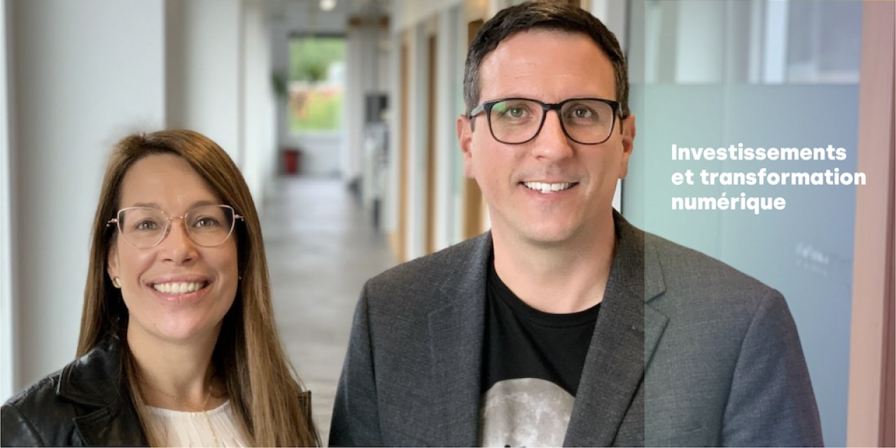 Photo de Geneviève Perron et Joé Bussière dans les bureaux de Libéo
