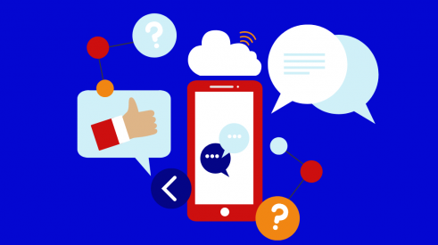 Bannière avec des icônes de cellulaire, de nuage et de questions pour résumer la transformation numérique