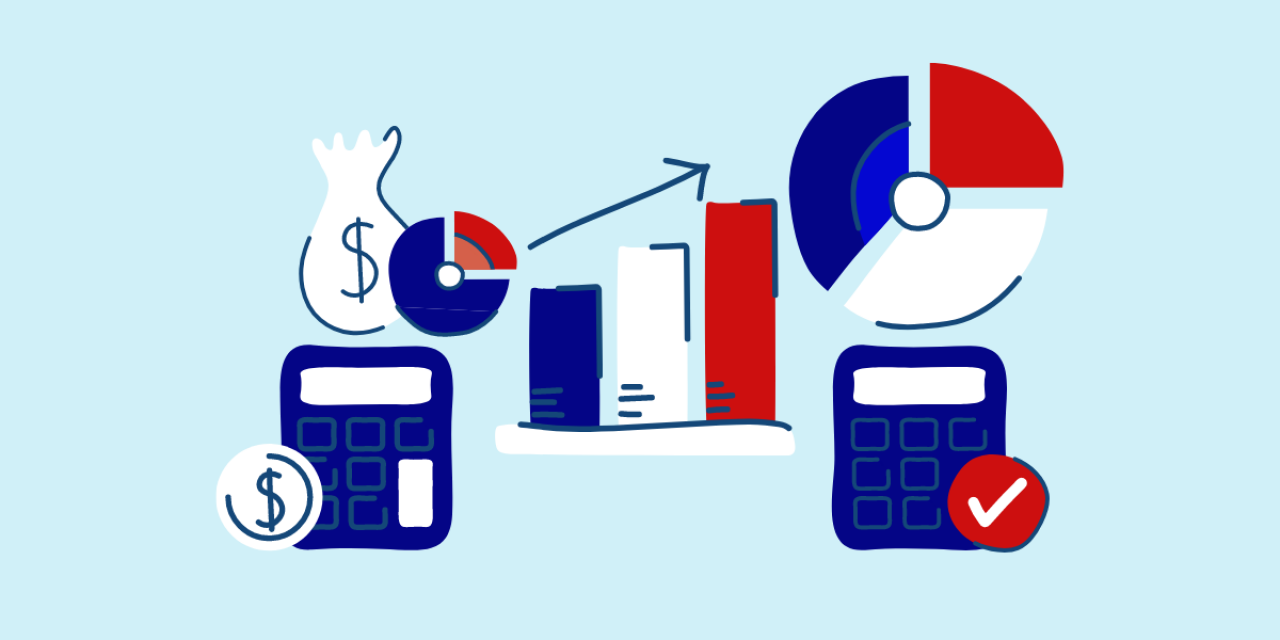 Bannière avec des illustrations de calculatrices et différents graphiques représentant des gains de retour sur investissement