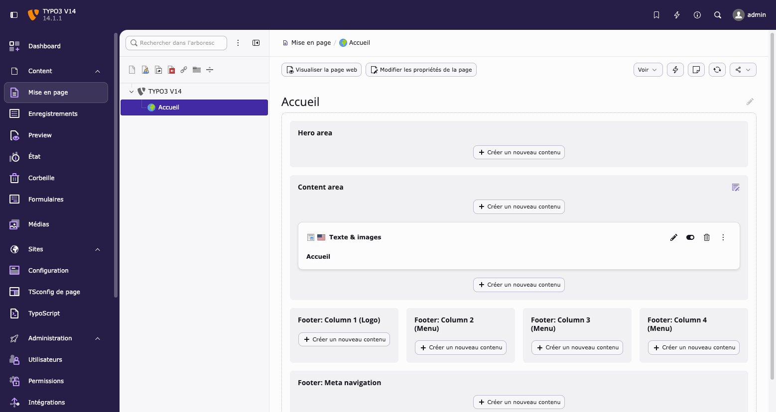 Capture d’écran du backend TYPO3 v14. 