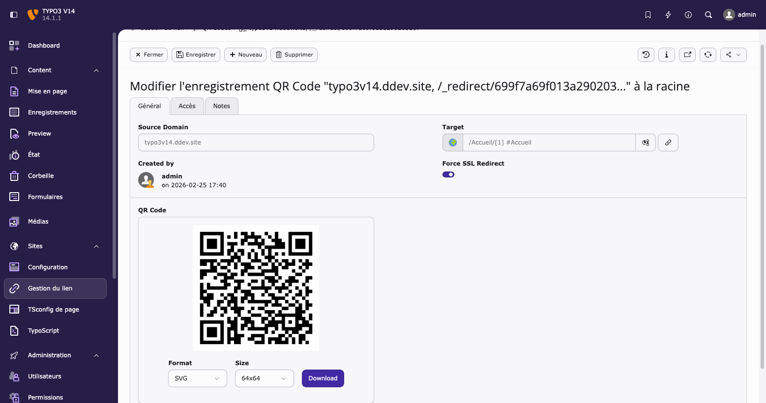 Interface administrative permettant la gestion de codes QR 